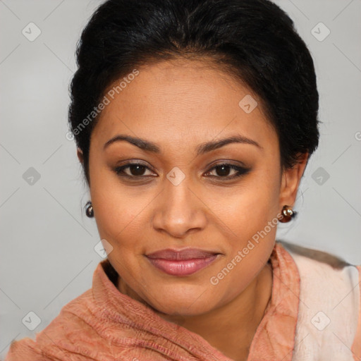 Joyful latino young-adult female with short  brown hair and brown eyes