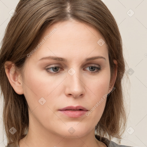 Neutral white young-adult female with medium  brown hair and grey eyes