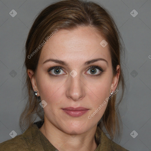 Joyful white young-adult female with medium  brown hair and grey eyes