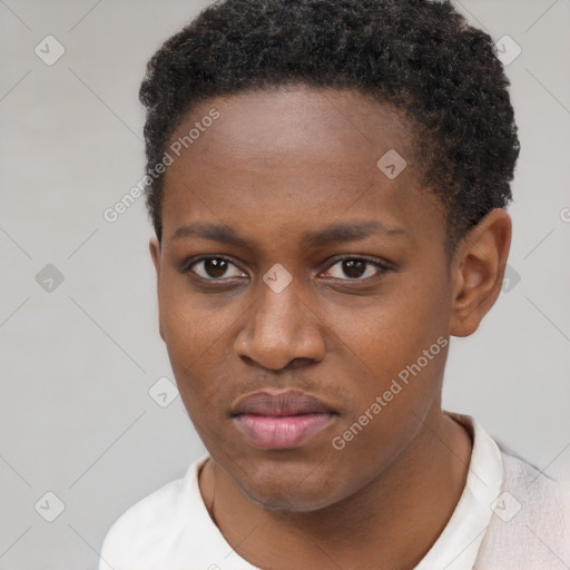 Neutral black young-adult female with short  brown hair and brown eyes