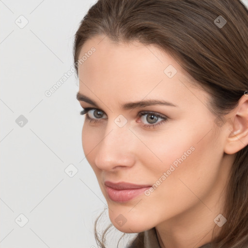 Neutral white young-adult female with medium  brown hair and brown eyes