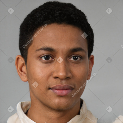 Neutral latino young-adult male with short  brown hair and brown eyes