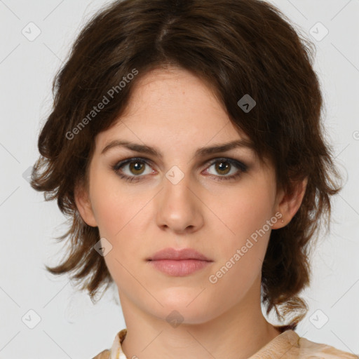 Neutral white young-adult female with medium  brown hair and brown eyes