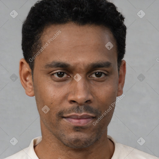 Neutral latino young-adult male with short  black hair and brown eyes