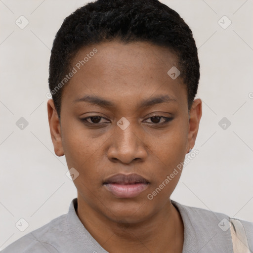 Neutral black young-adult female with short  black hair and brown eyes