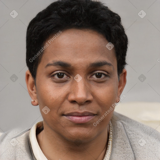 Joyful black young-adult female with short  brown hair and brown eyes