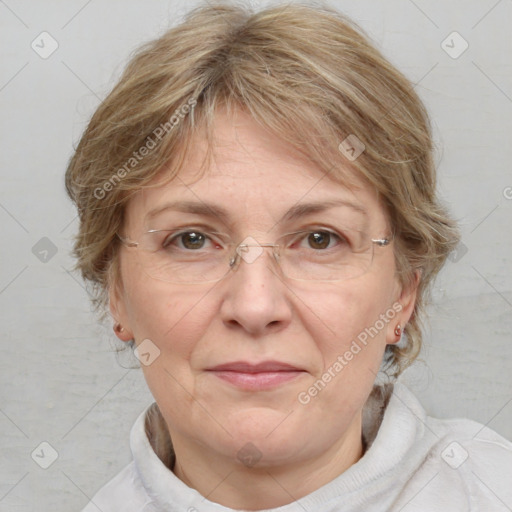 Joyful white adult female with medium  brown hair and blue eyes