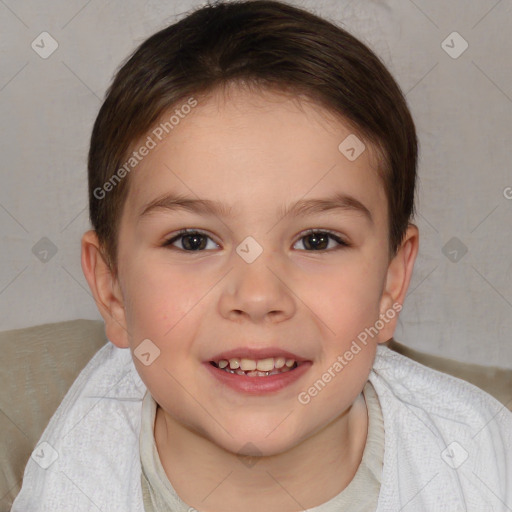 Joyful white child female with medium  brown hair and brown eyes