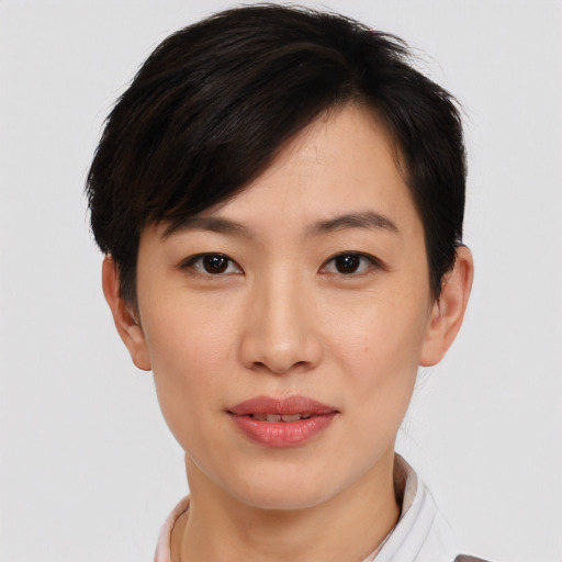 Neutral asian young-adult female with short  brown hair and brown eyes