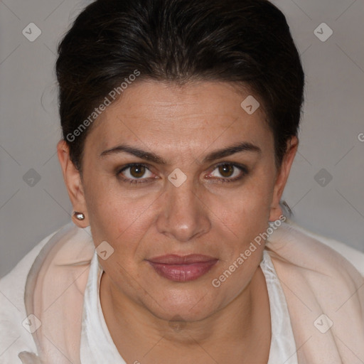 Joyful white adult female with short  brown hair and brown eyes