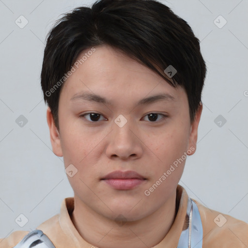 Neutral asian young-adult female with short  brown hair and brown eyes
