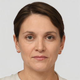 Joyful white adult female with short  brown hair and grey eyes