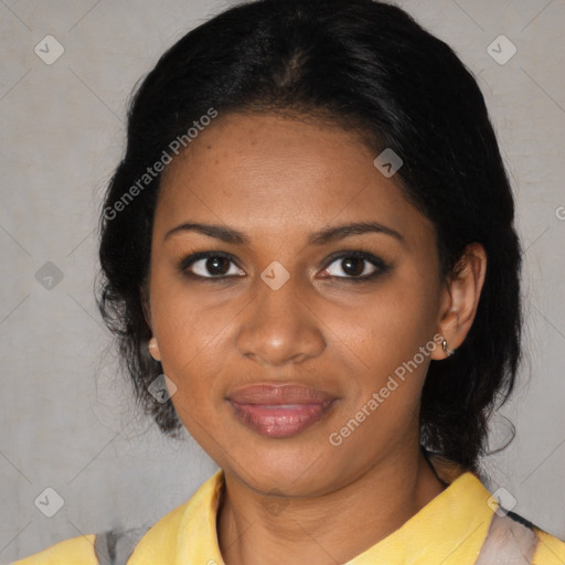 Joyful black young-adult female with medium  black hair and brown eyes