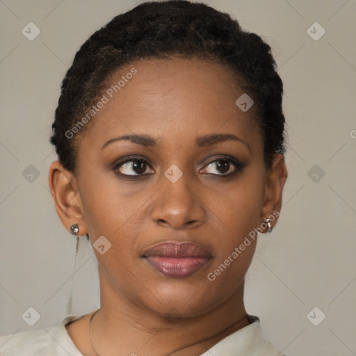 Joyful black young-adult female with short  brown hair and brown eyes