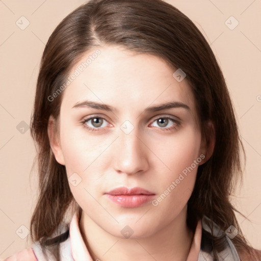 Neutral white young-adult female with medium  brown hair and grey eyes