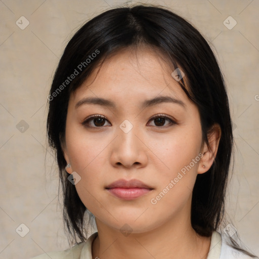 Neutral asian young-adult female with medium  black hair and brown eyes