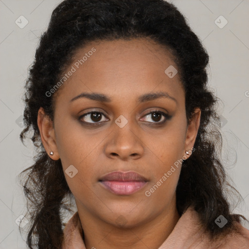 Neutral black young-adult female with long  brown hair and brown eyes