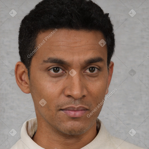 Neutral latino young-adult male with short  black hair and brown eyes
