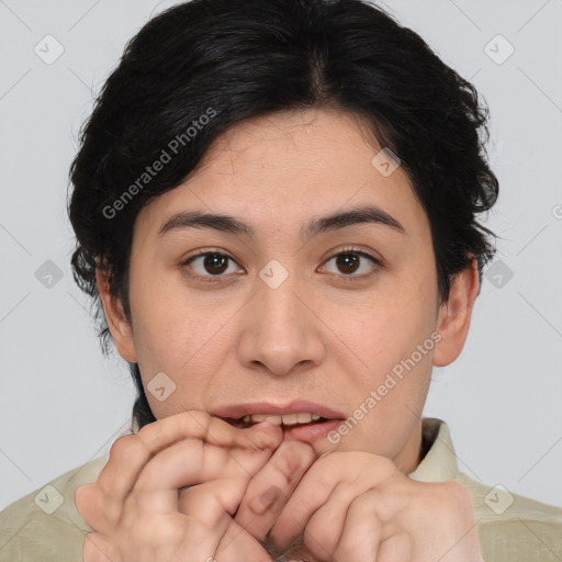 Neutral white young-adult female with medium  brown hair and brown eyes