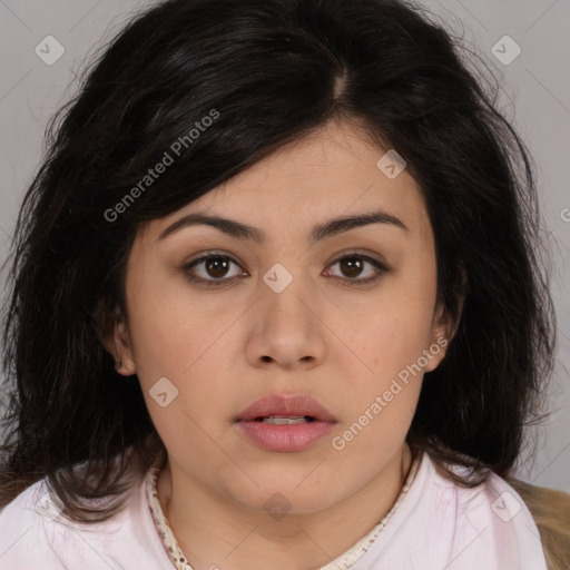 Neutral asian young-adult female with medium  brown hair and brown eyes