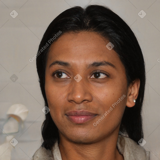 Joyful asian young-adult female with medium  black hair and brown eyes