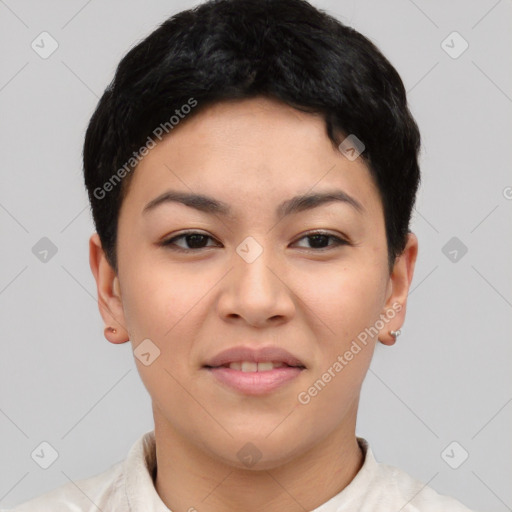 Joyful asian young-adult female with short  black hair and brown eyes