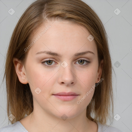 Neutral white young-adult female with medium  brown hair and brown eyes