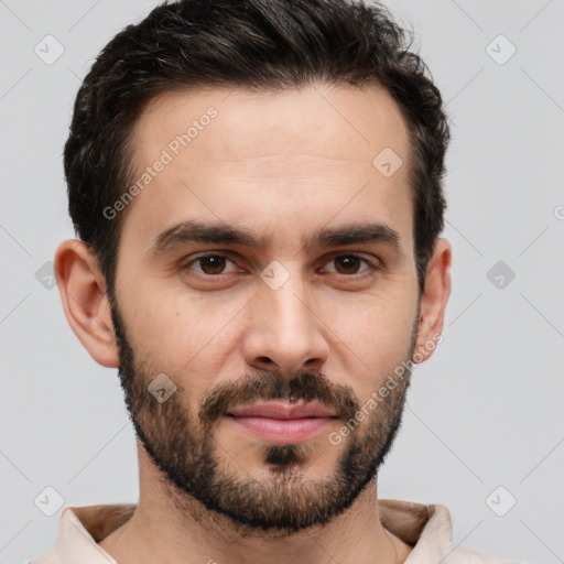 Neutral white young-adult male with short  brown hair and brown eyes