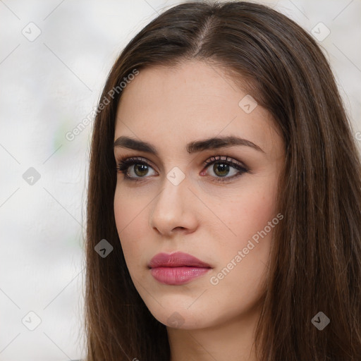 Neutral white young-adult female with long  brown hair and brown eyes