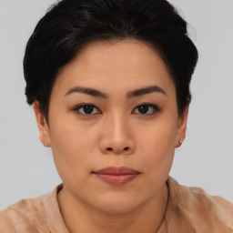 Neutral asian young-adult female with short  brown hair and brown eyes