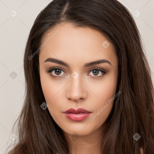 Neutral white young-adult female with long  brown hair and brown eyes