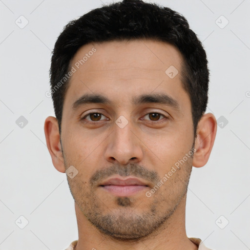 Neutral latino young-adult male with short  black hair and brown eyes