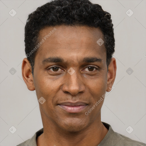 Neutral black adult male with short  black hair and brown eyes