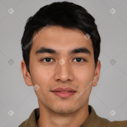 Joyful asian young-adult male with short  black hair and brown eyes