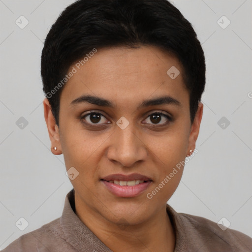 Joyful latino young-adult female with short  black hair and brown eyes