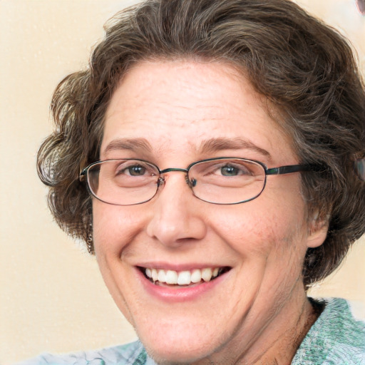 Joyful white adult female with medium  brown hair and green eyes