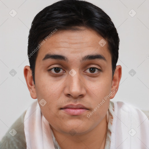 Neutral white young-adult male with short  brown hair and brown eyes