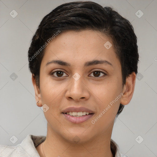 Joyful latino young-adult female with short  brown hair and brown eyes