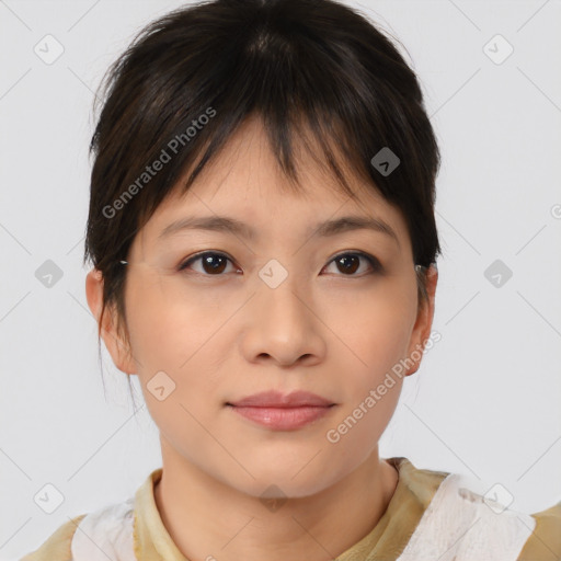 Neutral asian young-adult female with medium  brown hair and brown eyes