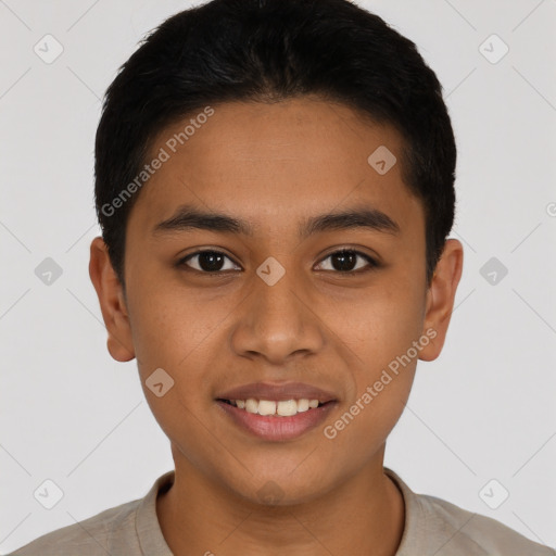 Joyful latino young-adult male with short  brown hair and brown eyes