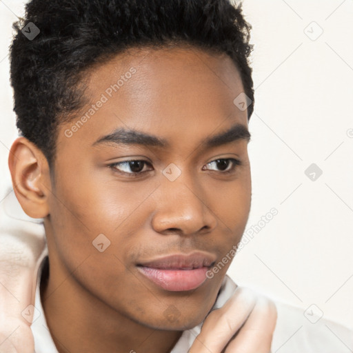 Joyful latino young-adult male with short  brown hair and brown eyes