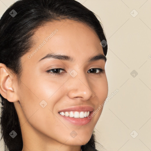 Joyful latino young-adult female with long  brown hair and brown eyes