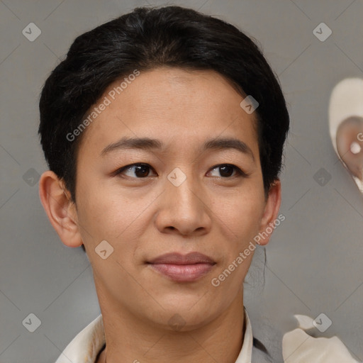 Joyful asian young-adult female with short  brown hair and brown eyes