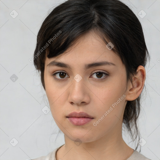 Neutral white young-adult female with medium  brown hair and brown eyes