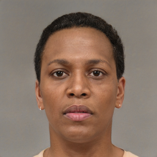 Neutral black young-adult female with short  brown hair and brown eyes