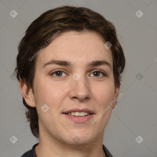 Joyful white young-adult female with short  brown hair and grey eyes