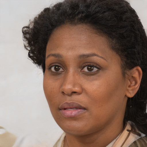 Neutral black young-adult female with short  brown hair and brown eyes