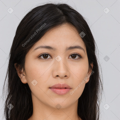 Neutral asian young-adult female with long  brown hair and brown eyes