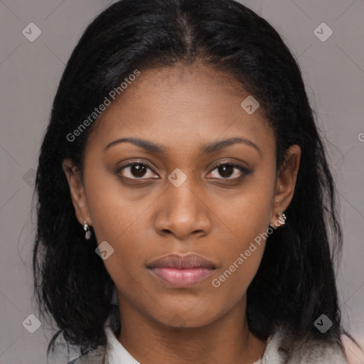 Joyful black young-adult female with medium  brown hair and brown eyes