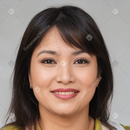 Joyful white young-adult female with medium  brown hair and brown eyes